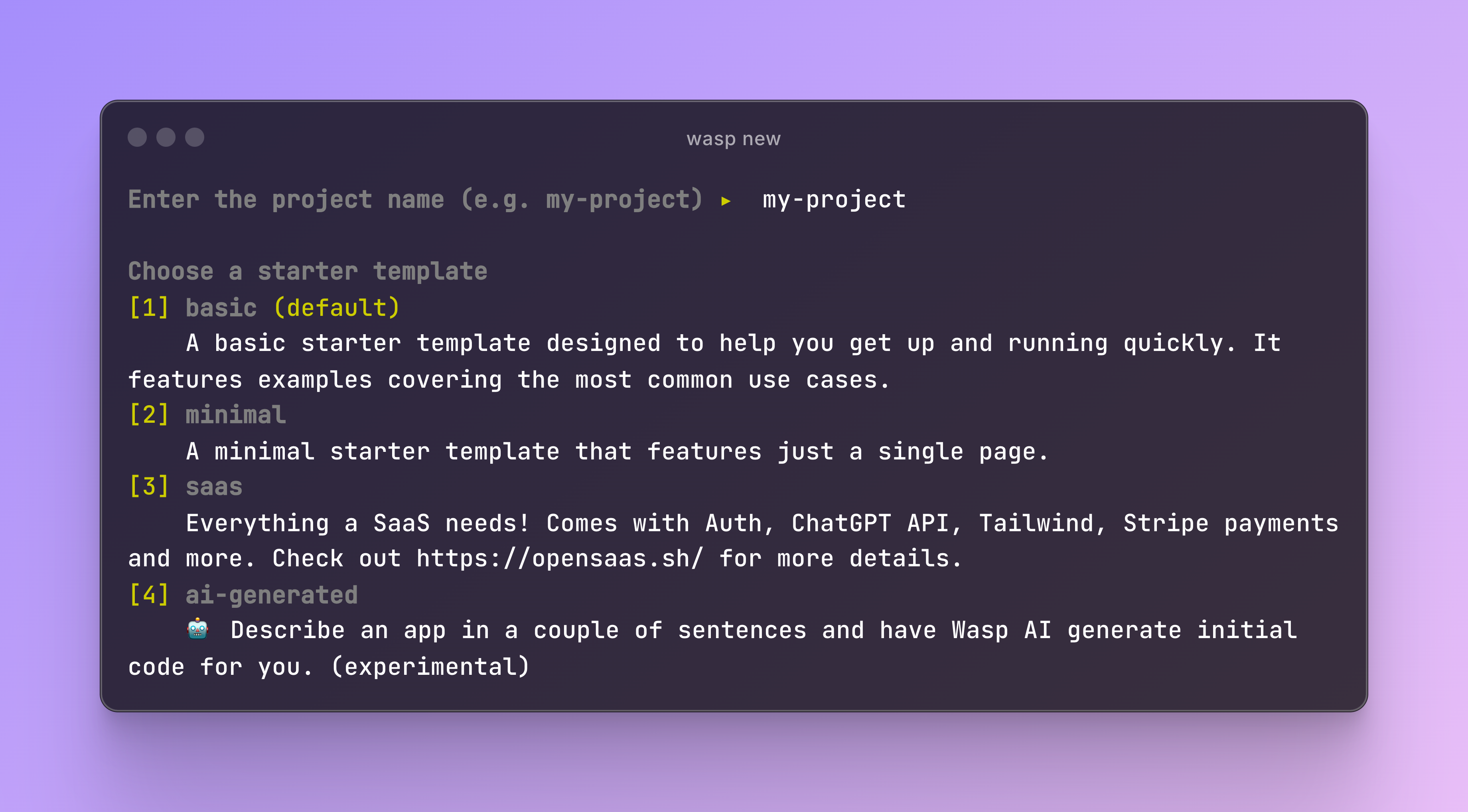 A screenshot of a terminal running wasp new, asking the user to choose between 4 different starters: basic, minimal, saas, and ai-generated.